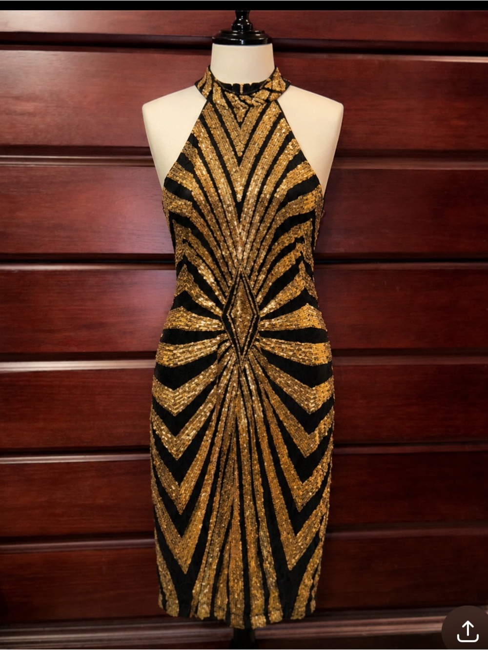 Gold and Black Sequin Halter Mini Dress